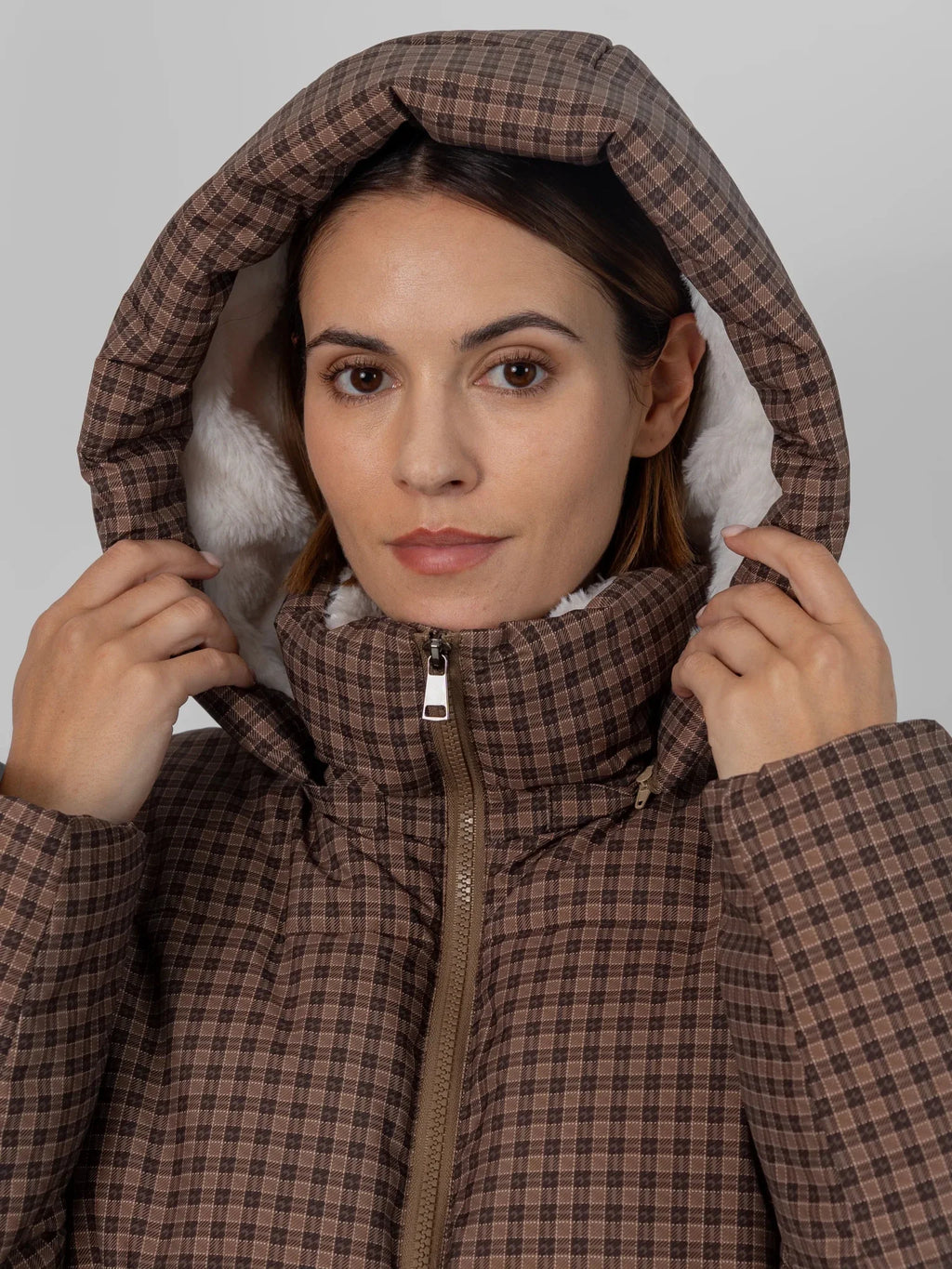 WarmCore™ Brown Check Faux Fur Lined Detachable Hooded Short Puffer Jacket