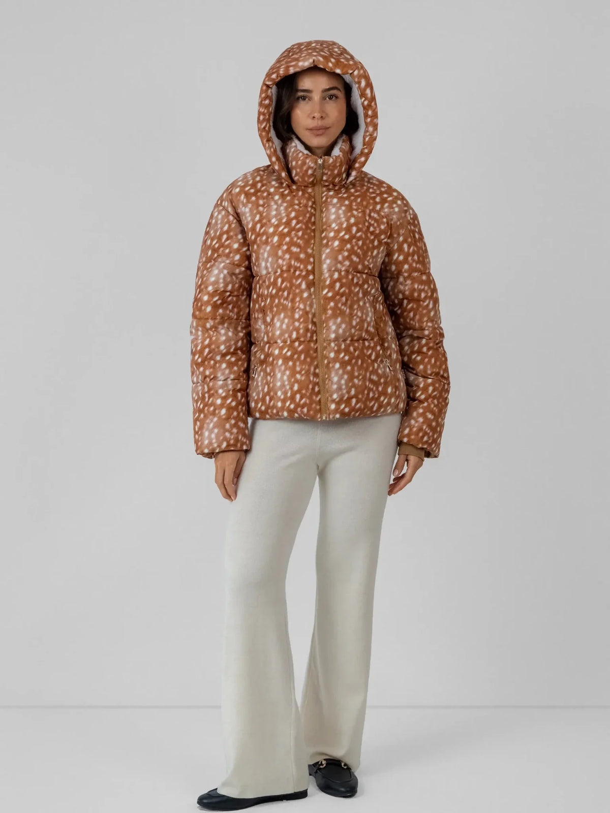 WarmCore™ Deer Print Faux Fur Lined Detachable Hooded Short Puffer Jacket
