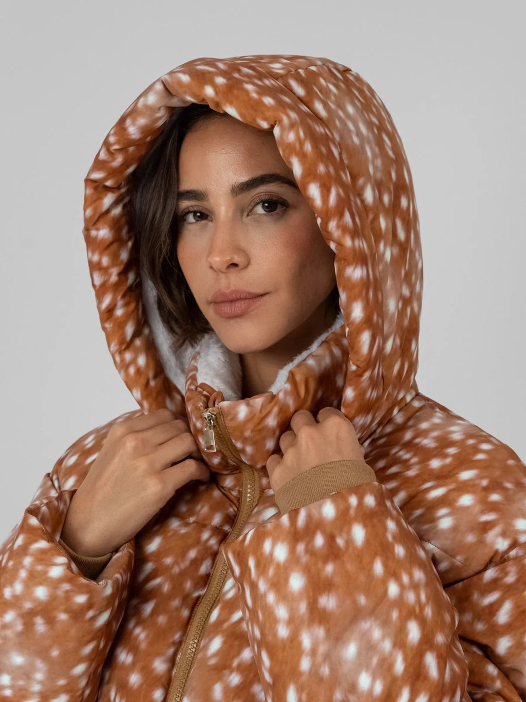 WarmCore™ Deer Print Faux Fur Lined Detachable Hooded Short Puffer Jacket