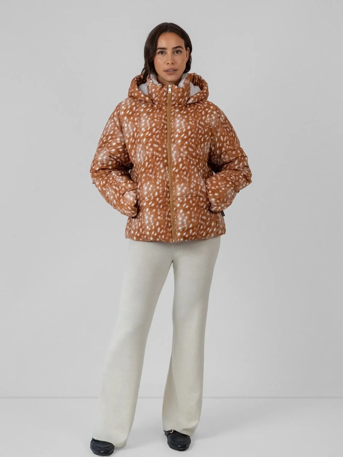WarmCore™ Deer Print Faux Fur Lined Detachable Hooded Short Puffer Jacket