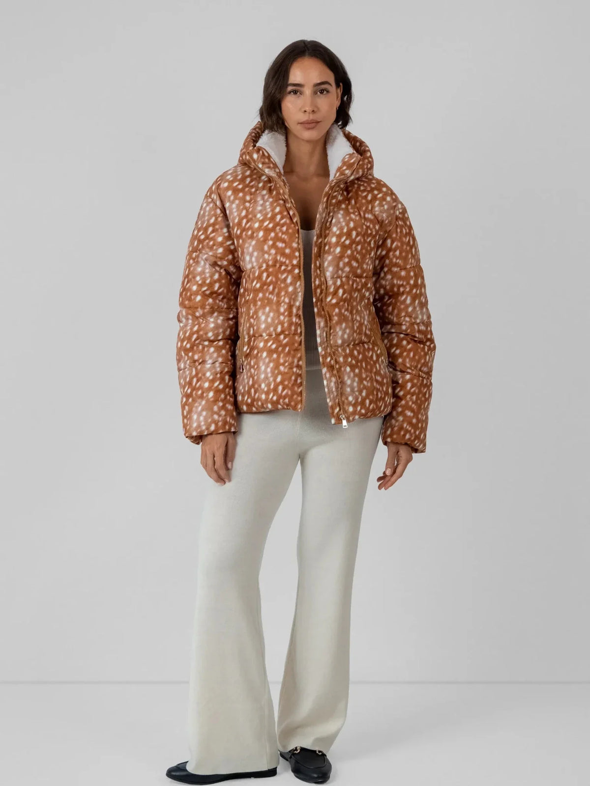 WarmCore™ Deer Print Faux Fur Lined Detachable Hooded Short Puffer Jacket