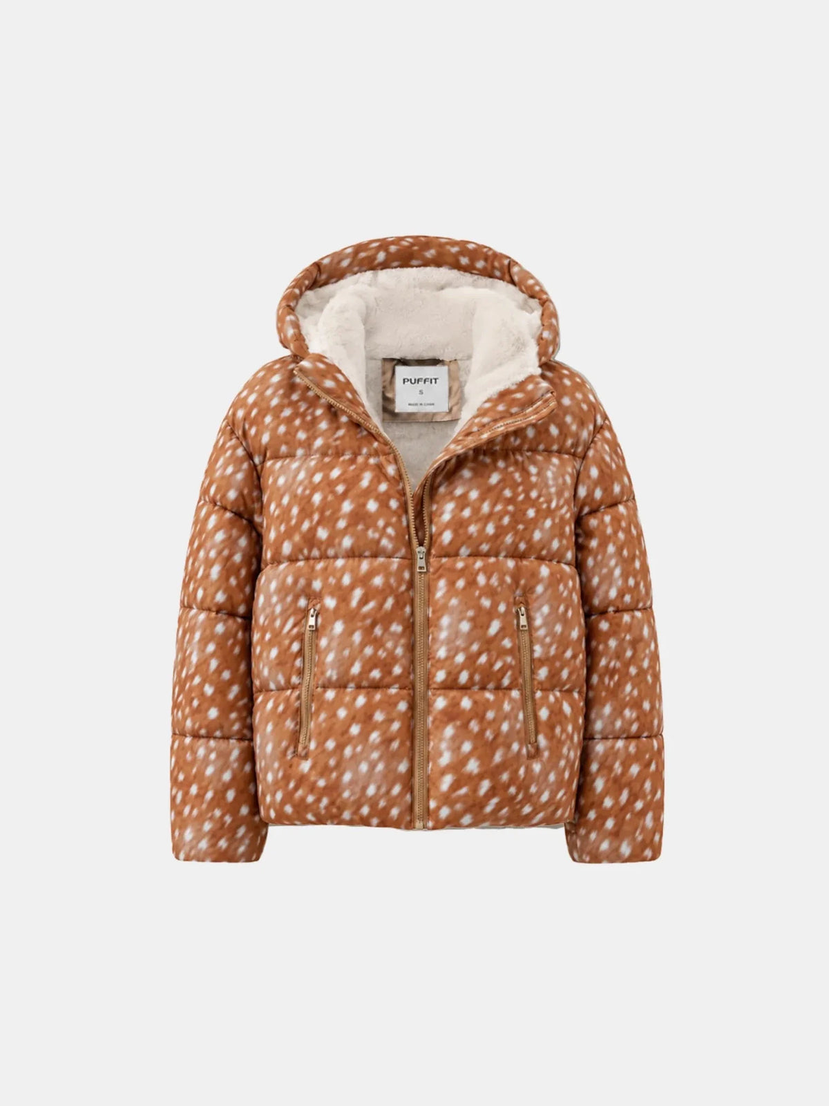 WarmCore™ Deer Print Faux Fur Lined Detachable Hooded Short Puffer Jacket