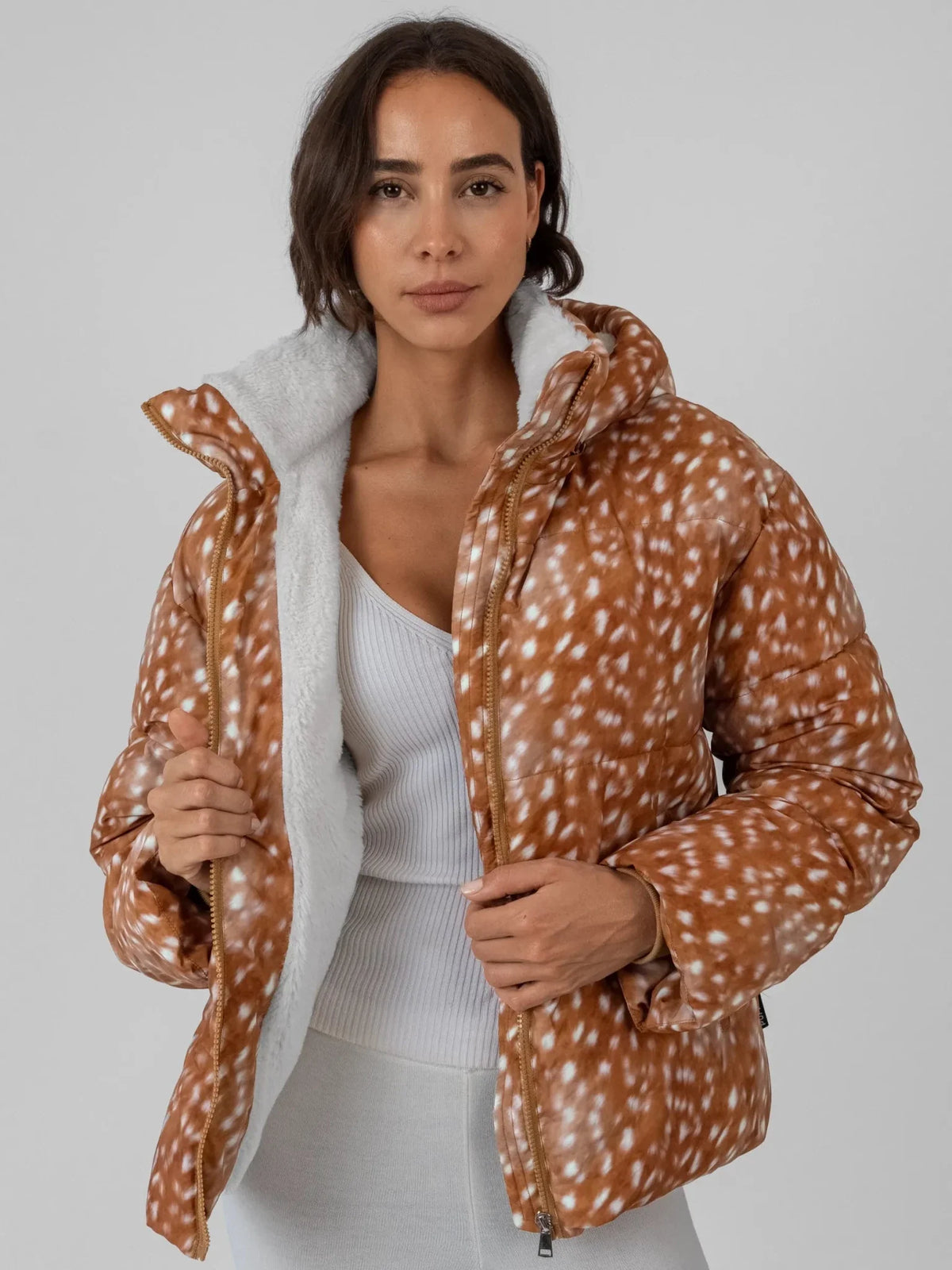 WarmCore™ Deer Print Faux Fur Lined Detachable Hooded Short Puffer Jacket