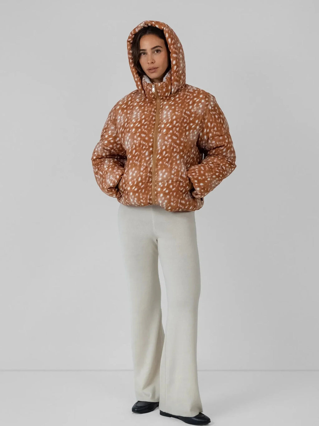 WarmCore™ Deer Print Faux Fur Lined Detachable Hooded Short Puffer Jacket