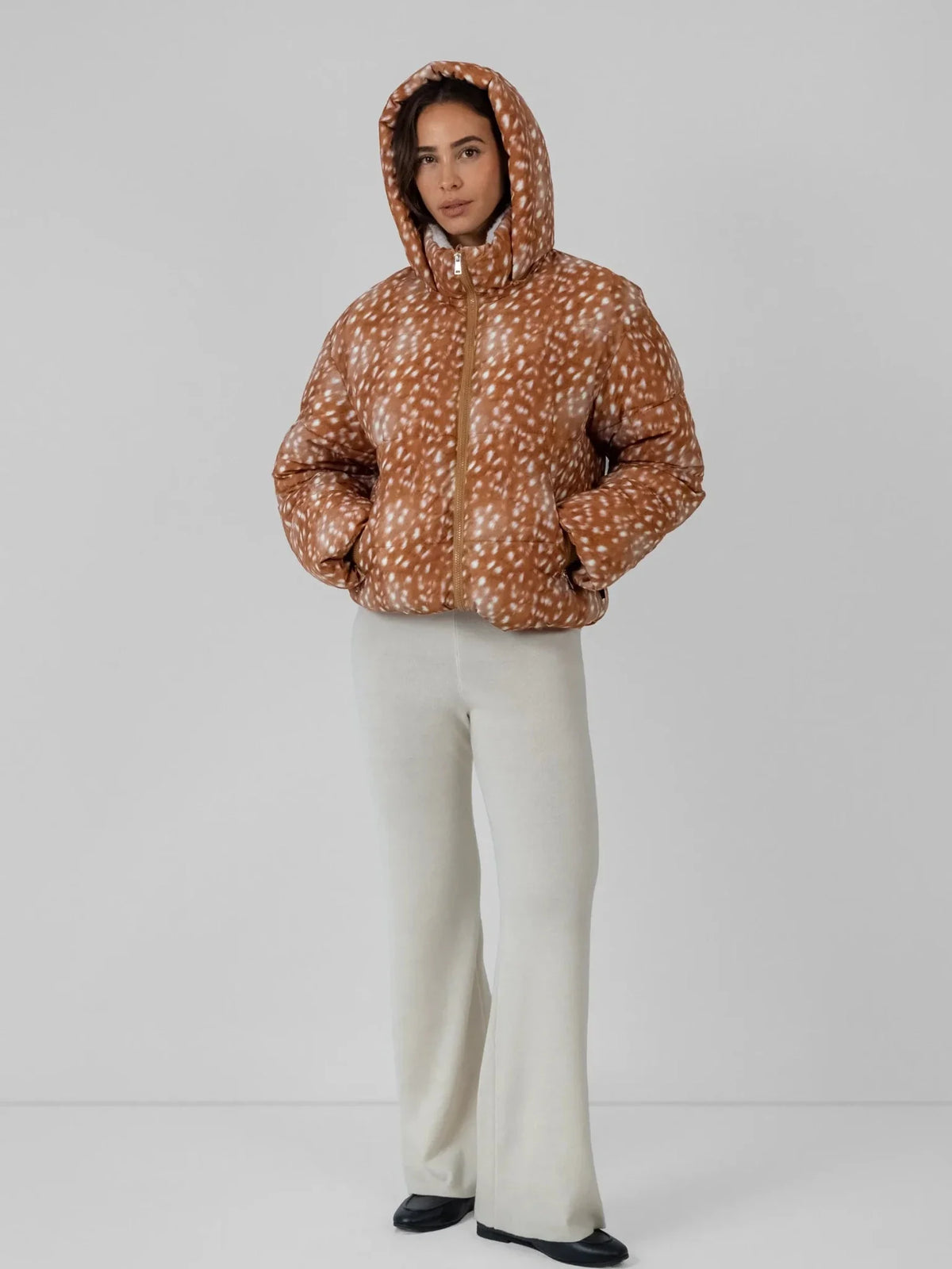 WarmCore™ Deer Print Faux Fur Lined Detachable Hooded Short Puffer Jacket