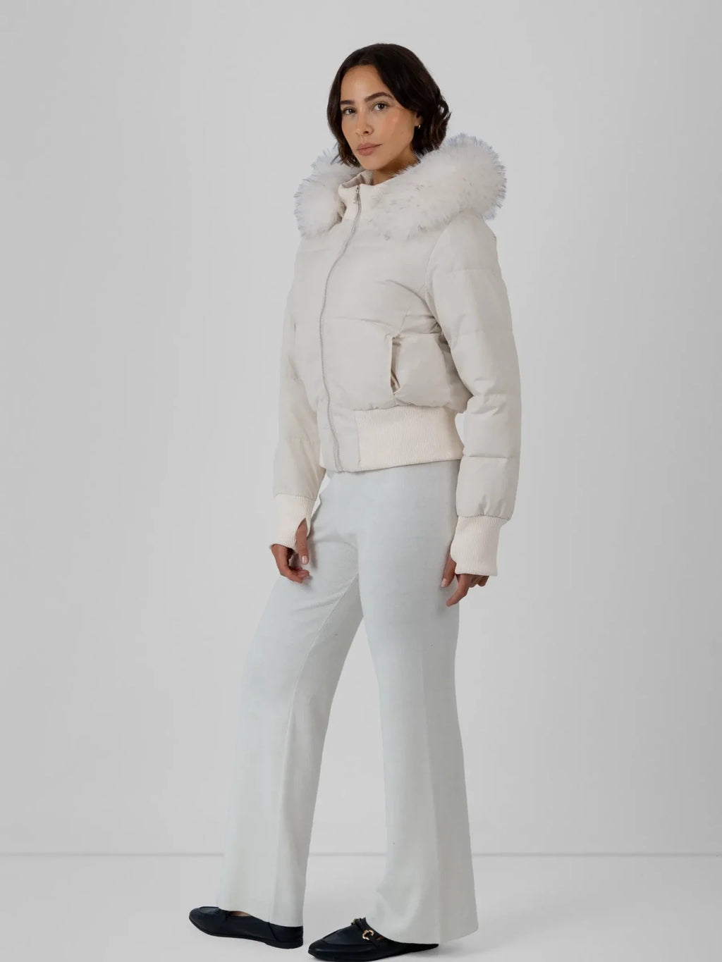 WarmCore™ Faux Fur Lined Puffer Bomber With Detachable Hood Trim