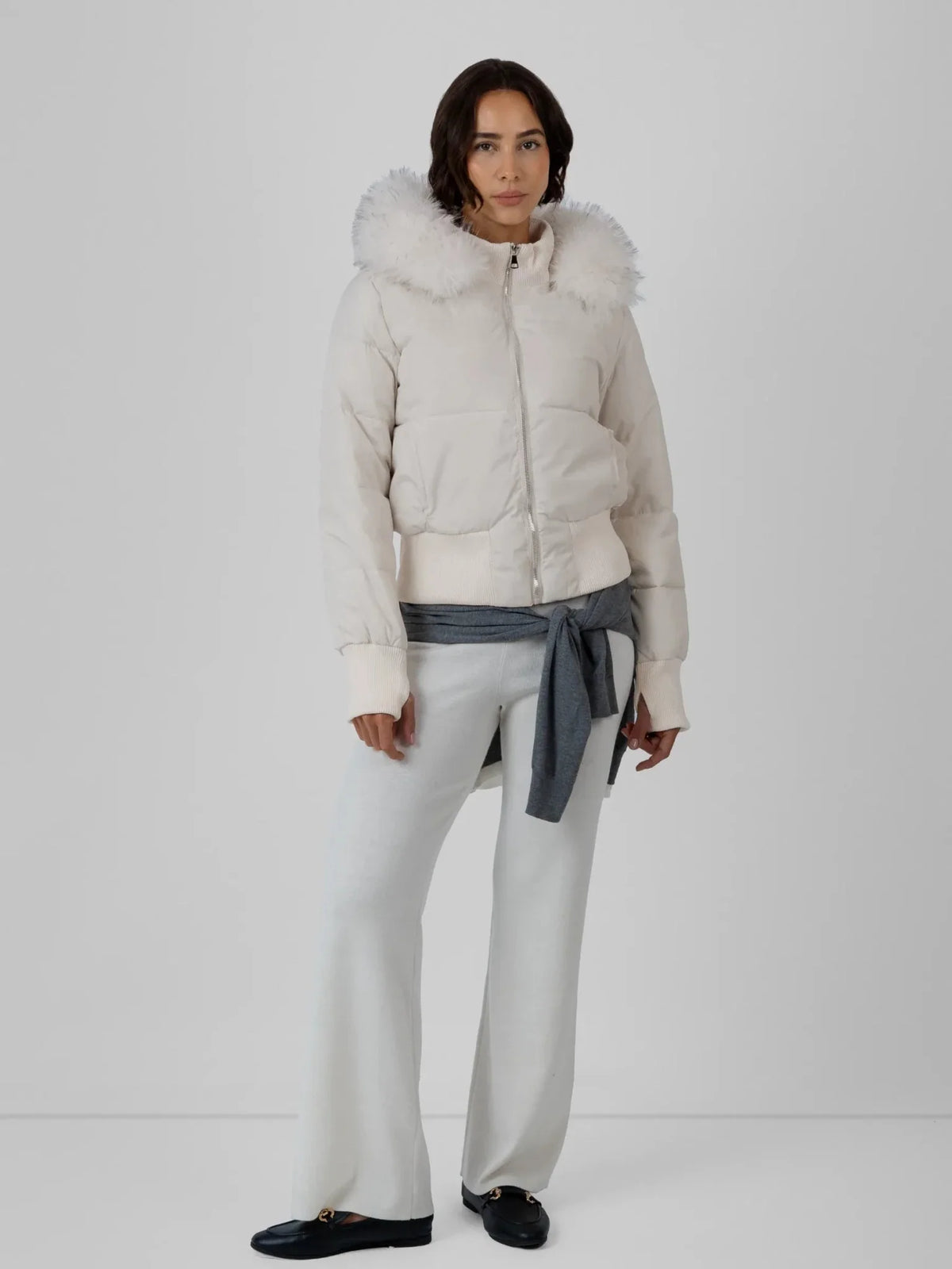 WarmCore™ Faux Fur Lined Puffer Bomber With Detachable Hood Trim