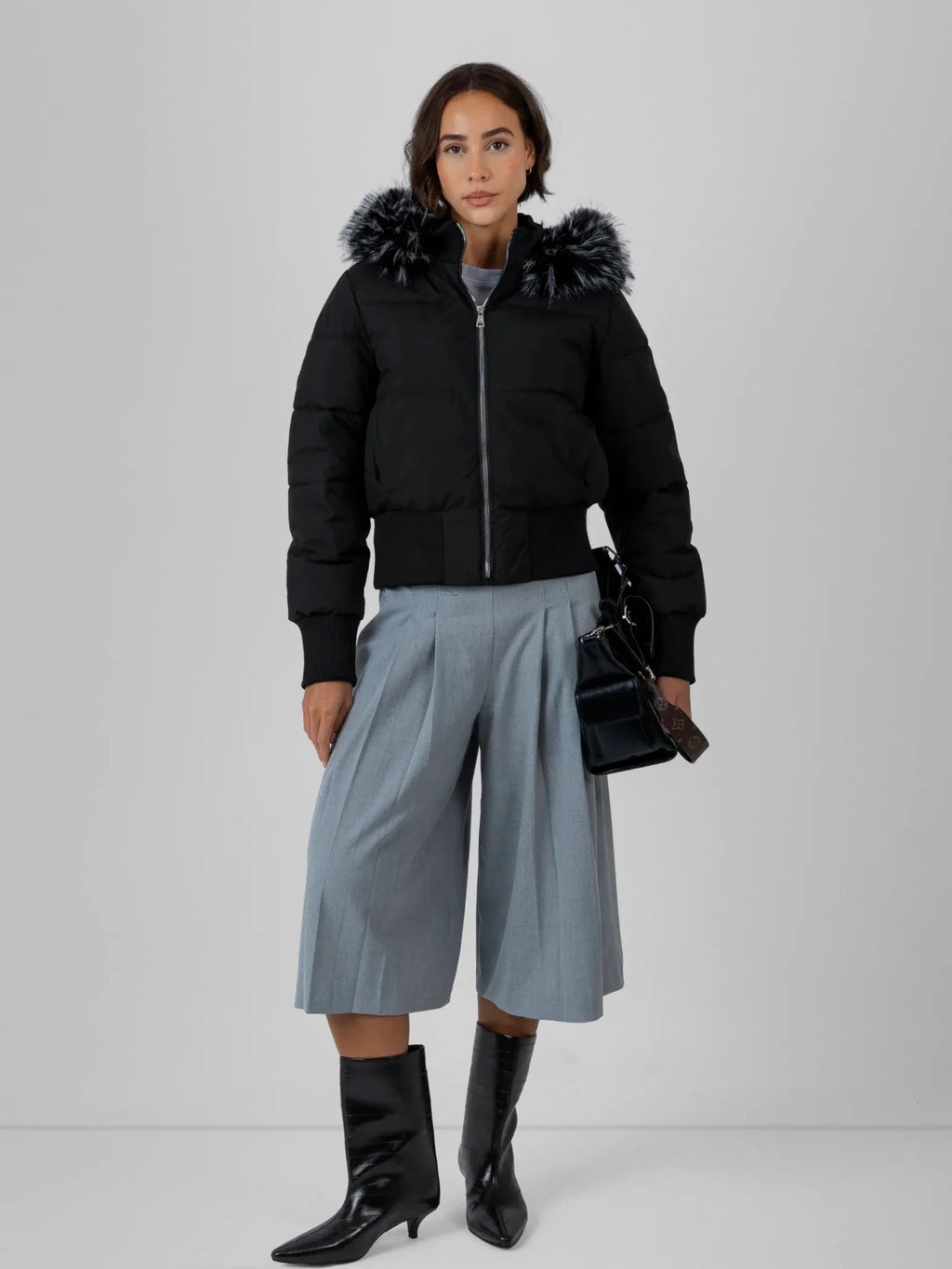 WarmCore™ Faux Fur Lined Puffer Bomber With Detachable Hood Trim