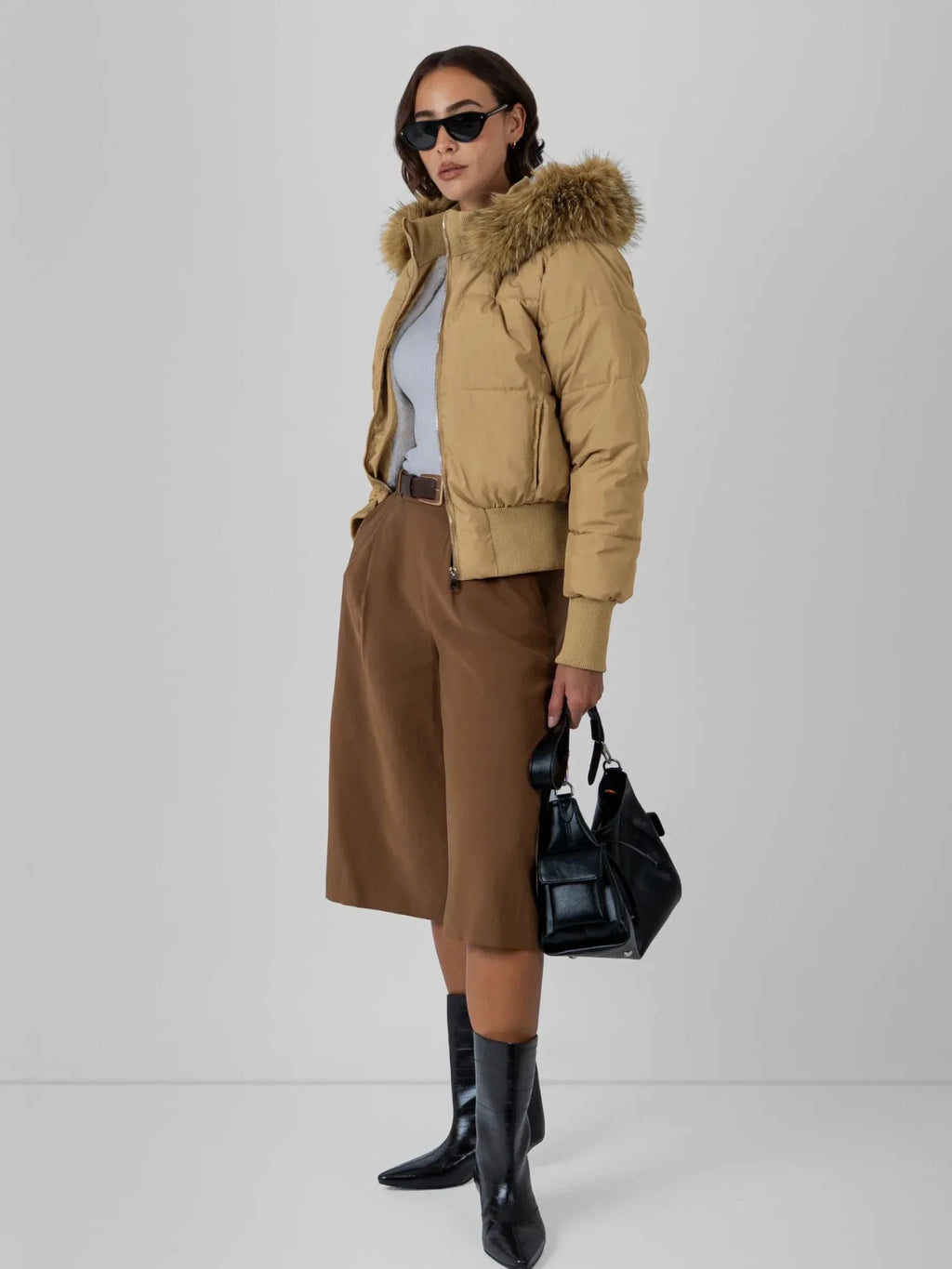 WarmCore™ Faux Fur Lined Puffer Bomber With Detachable Hood Trim