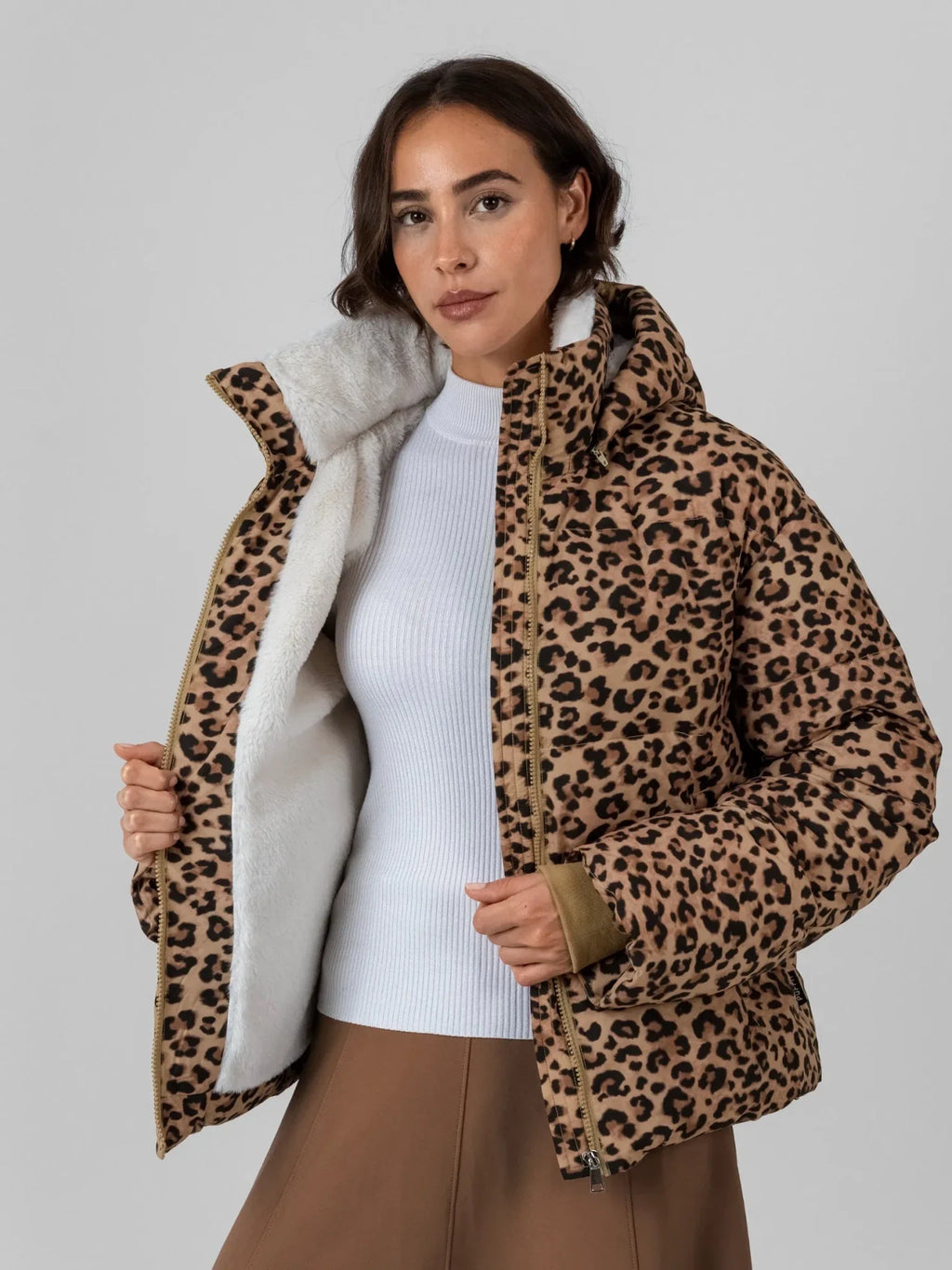 WarmCore™ Classic Leopard Faux Fur Lined Detachable Hooded Short Puffer Jacket