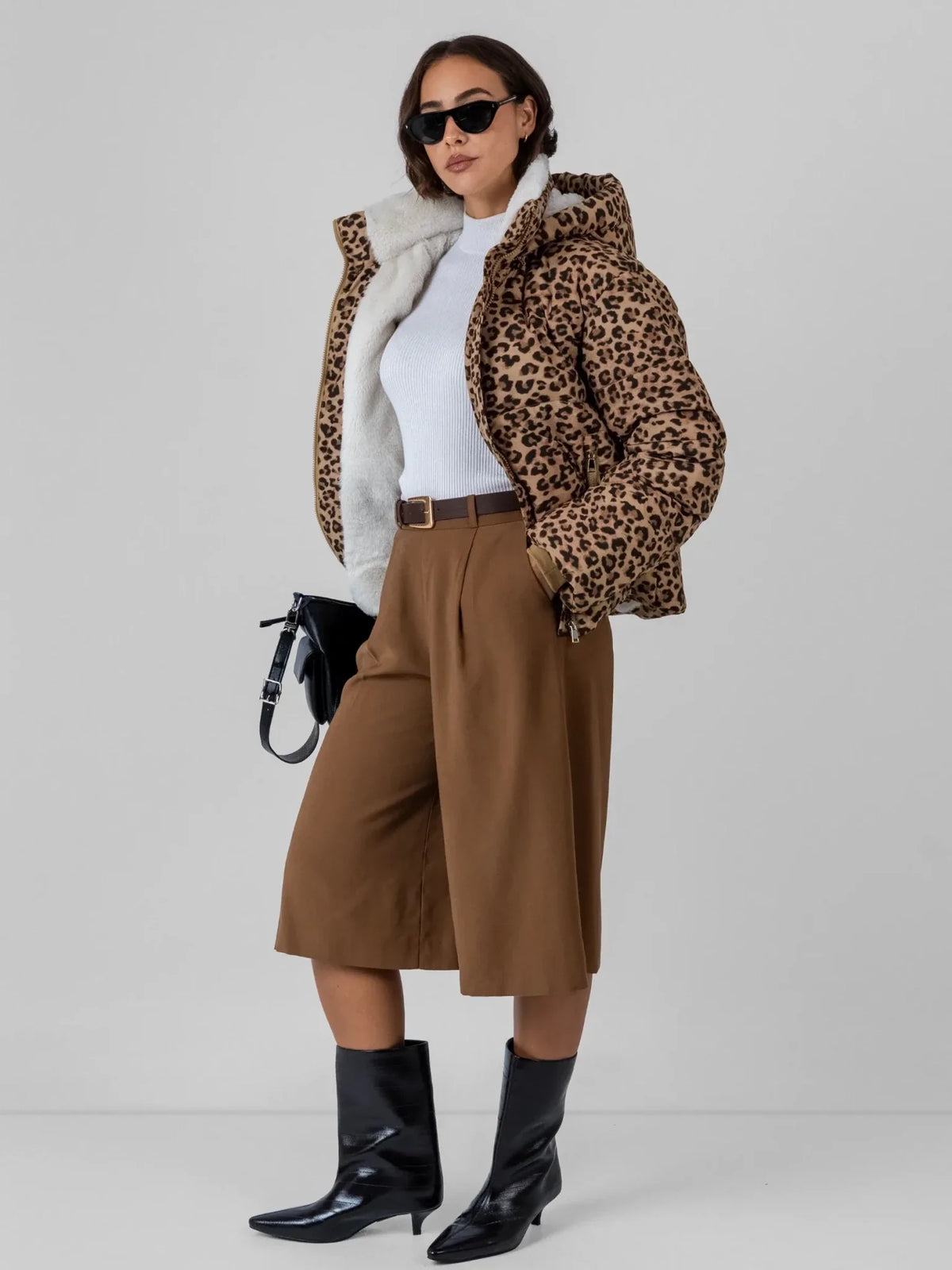 WarmCore™ Classic Leopard Faux Fur Lined Detachable Hooded Short Puffer Jacket