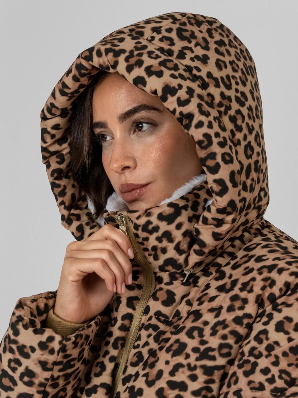 WarmCore™ Classic Leopard Faux Fur Lined Detachable Hooded Short Puffer Jacket