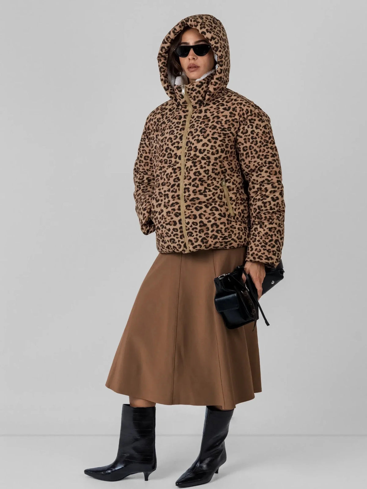 WarmCore™ Classic Leopard Faux Fur Lined Detachable Hooded Short Puffer Jacket