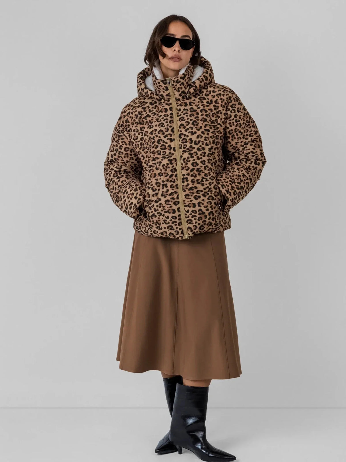 WarmCore™ Classic Leopard Faux Fur Lined Detachable Hooded Short Puffer Jacket
