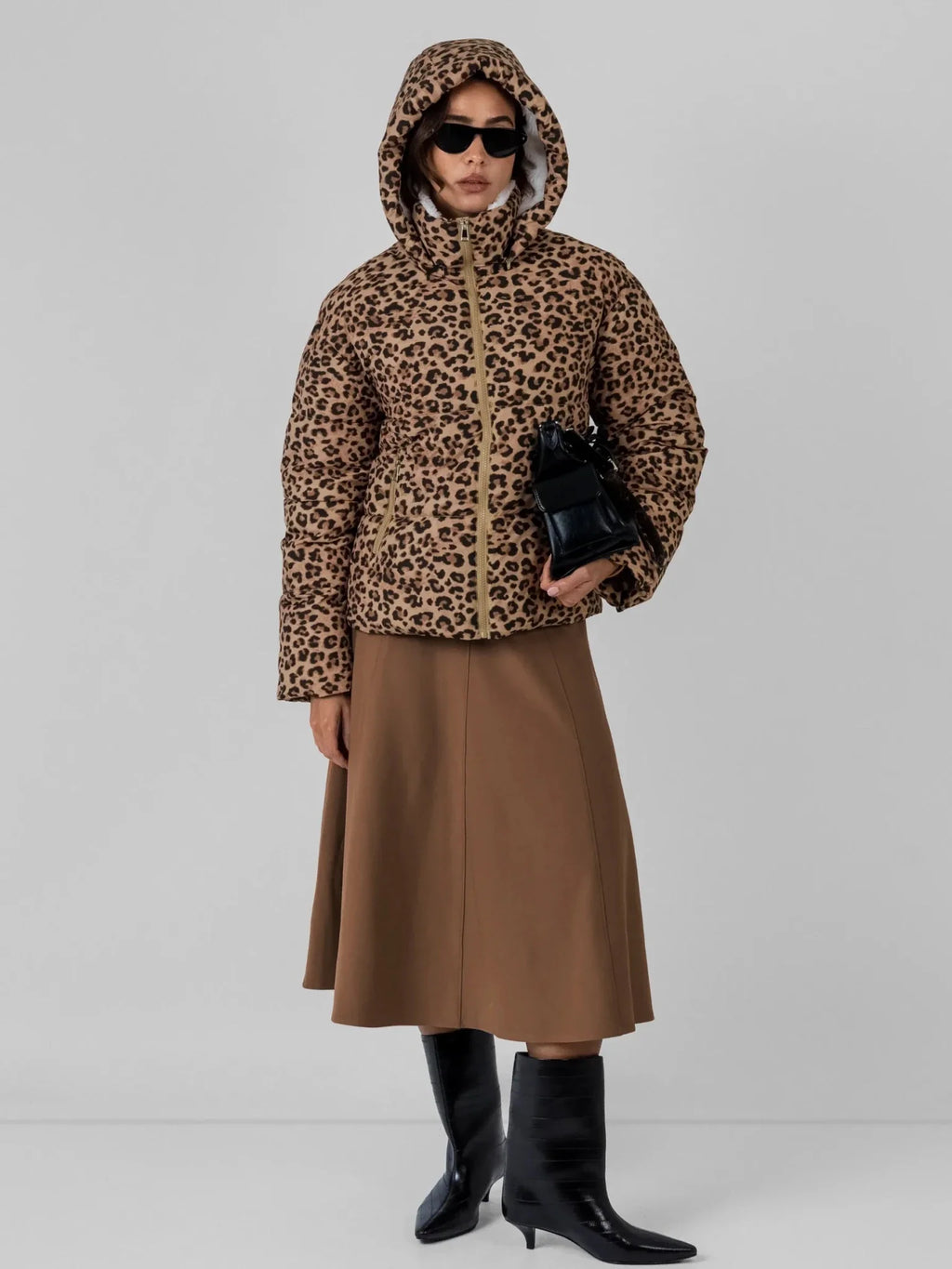 WarmCore™ Classic Leopard Faux Fur Lined Detachable Hooded Short Puffer Jacket