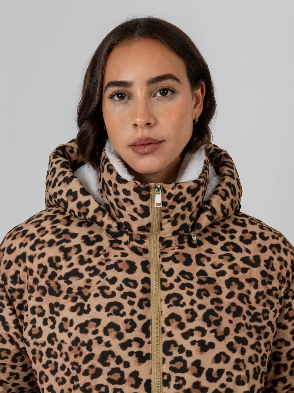 WarmCore™ Classic Leopard Faux Fur Lined Detachable Hooded Short Puffer Jacket