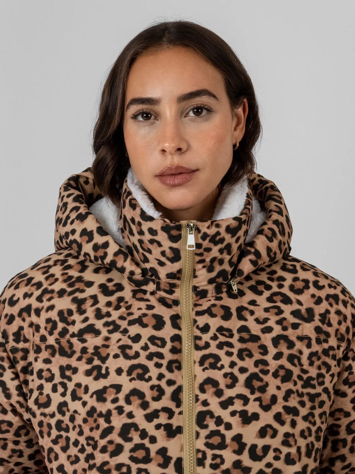 WarmCore™ Classic Leopard Faux Fur Lined Detachable Hooded Short Puffer Jacket