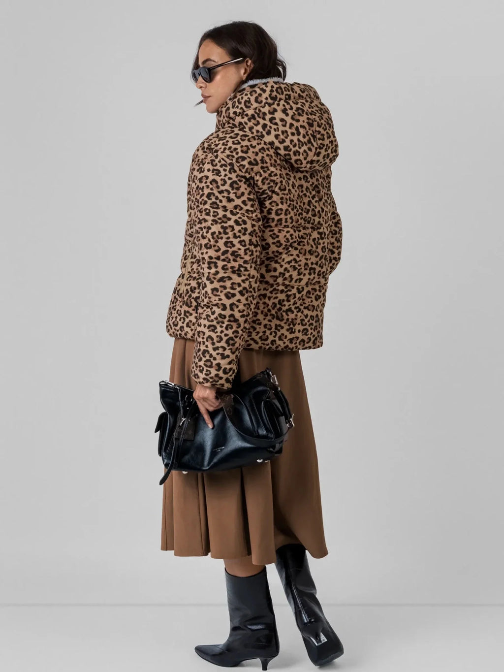 WarmCore™ Classic Leopard Faux Fur Lined Detachable Hooded Short Puffer Jacket