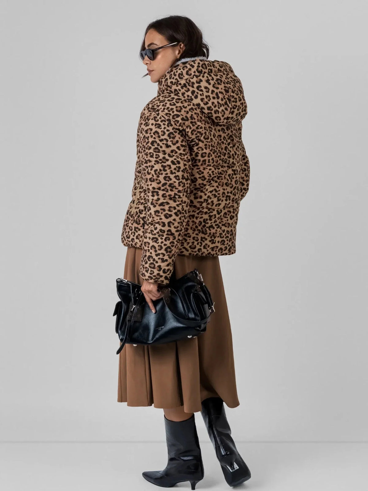 WarmCore™ Classic Leopard Faux Fur Lined Detachable Hooded Short Puffer Jacket