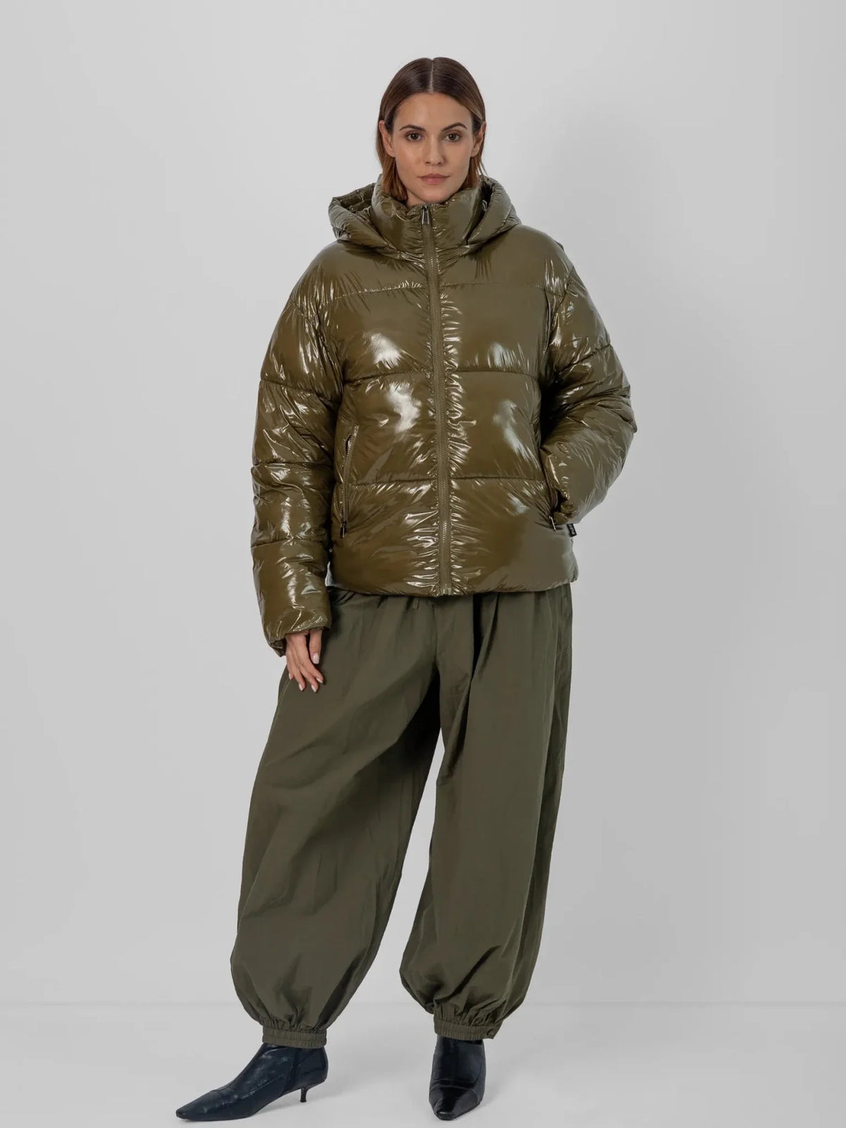 WarmCore™ Shiny Black Detachable Hooded Puffer Jacket